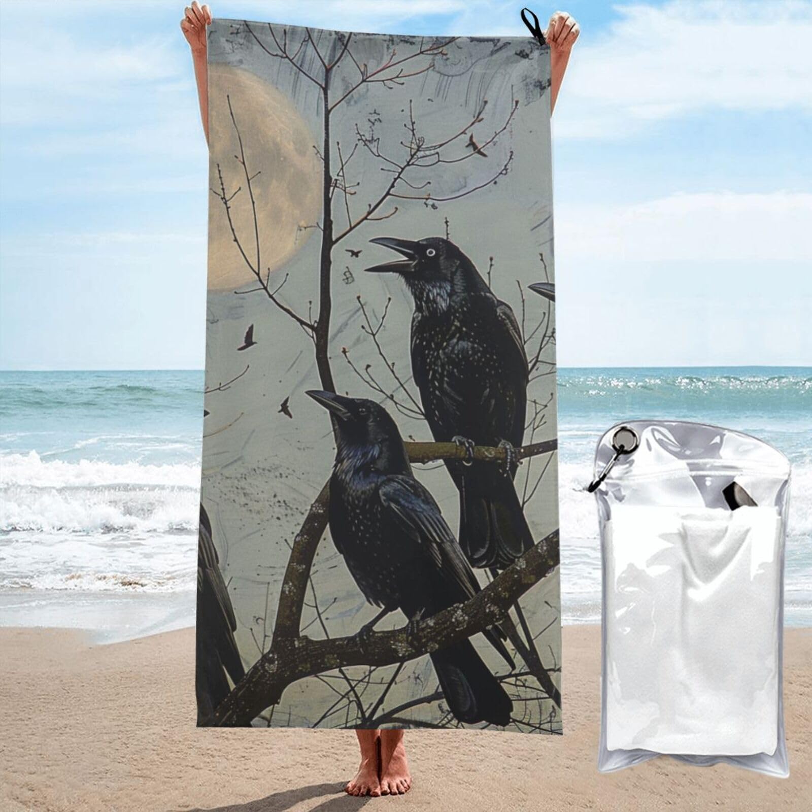 BWWHCCTI Black Crow Birds Printed Microfiber Quick Dry Beach Towel 80x160 CM, Fast Drying Bath Towels with Bags for Travel,Camping,Gym,Beach,Swimming,Yoga