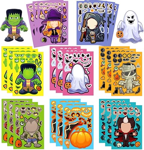 24 calcomanías de Halloween Make A Face para niños, fiesta de Halloween, juego de bricolaje, calcomanías para hacer tu propia calabaza, bruja,