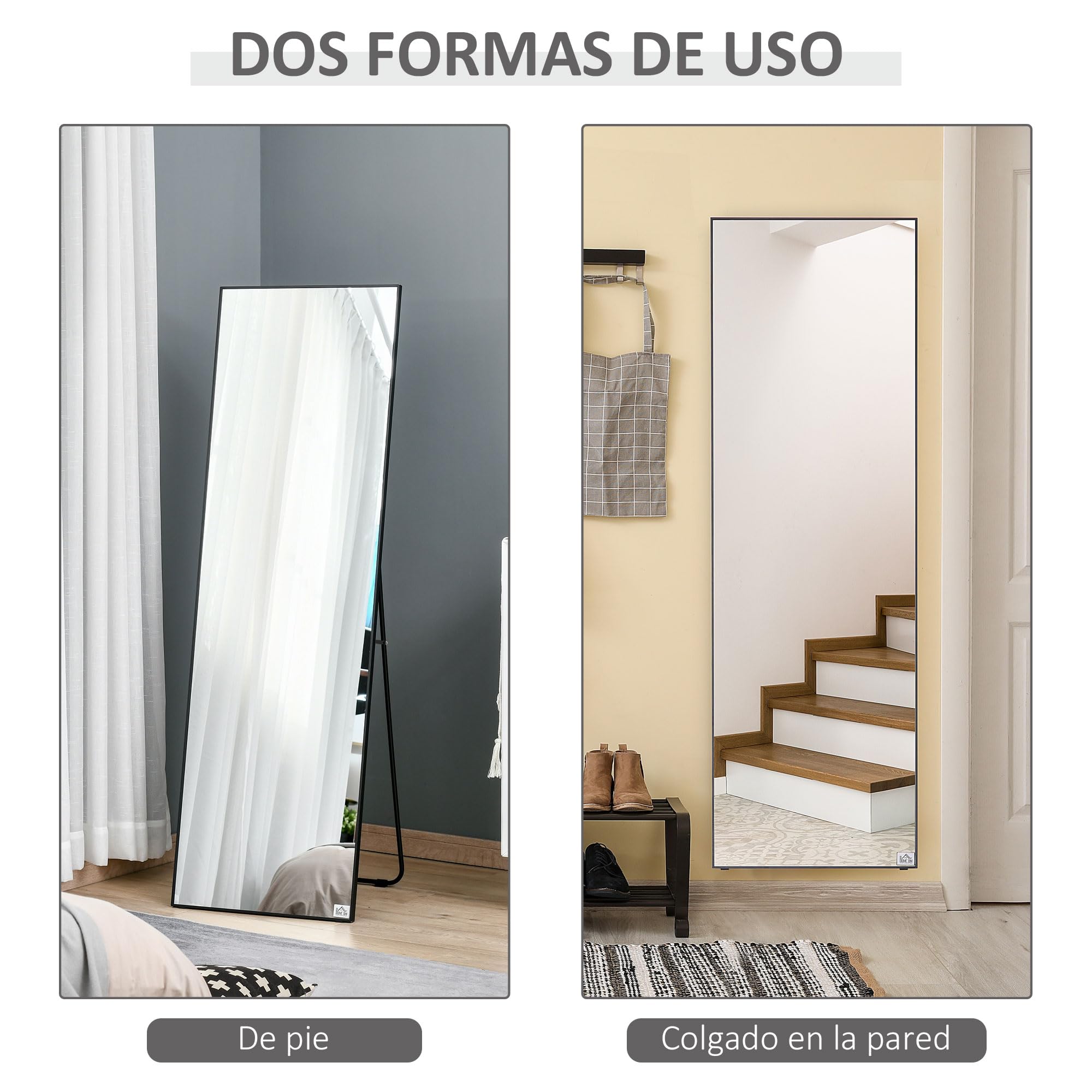 HOMCOM Espejo de Pie Cuerpo Entero 161,5x50 cm con Marco de Aleación de Aluminio Espejo Pared Rectangular con 2 Formas de Uso para Pasillo Dormitorio Salón Vestuario Negro