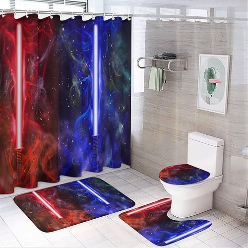 Miniatura 10 de Juego de 4 cortinas de ducha con temática de película retro, alfombras antideslizantes, cubierta para tapa de inodoro y tapete de baño, duradero e