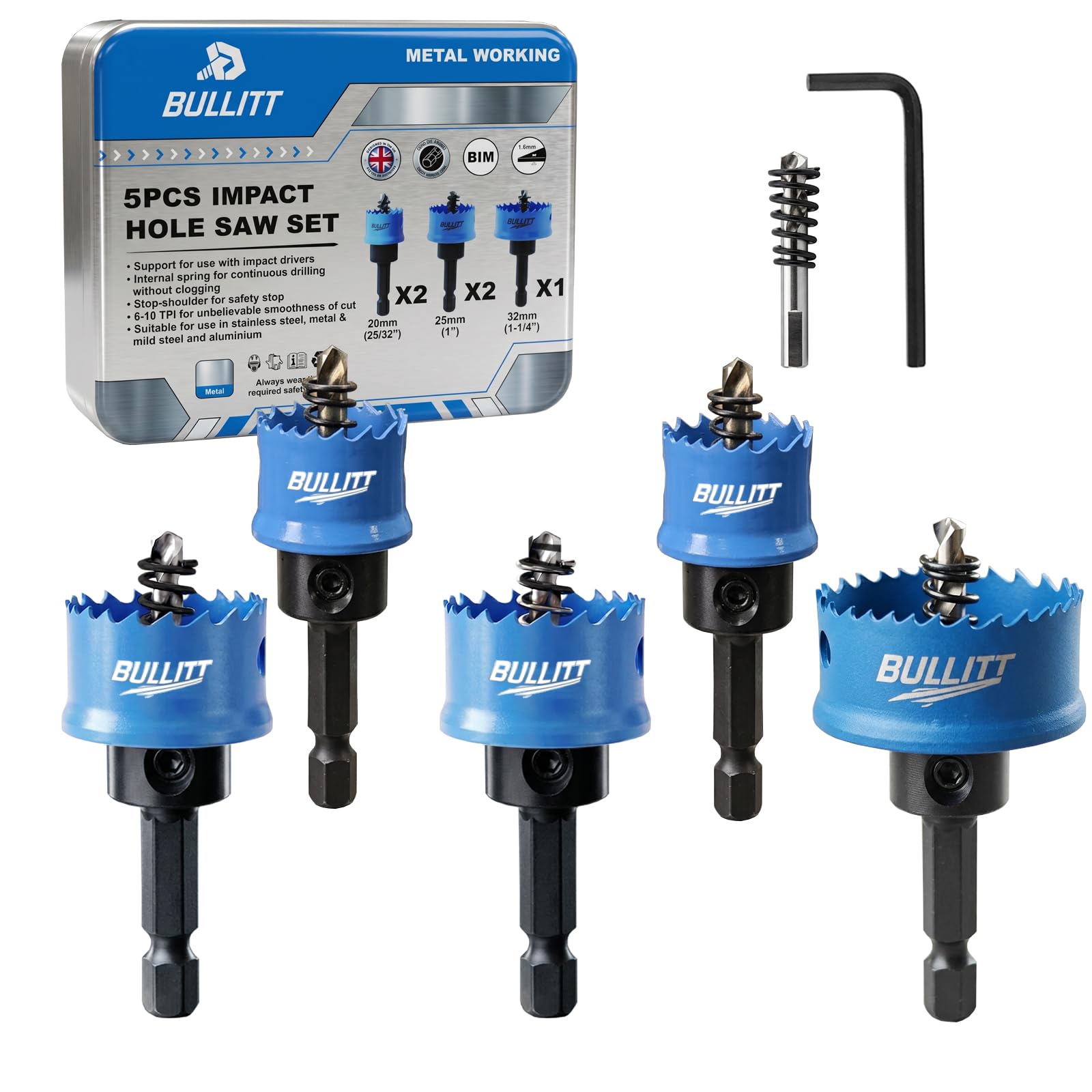 BULLITT Impact Hole Saw Set, 5PCS 2 * 20mm,2 * 25mm,32mm M42 HSS Bi-Metal,Hex Shank,Impact Hole Cutter Set Perfect for Drilling Thin Metal,Stainless Steel,Mild Steel and Aluminium — image 1