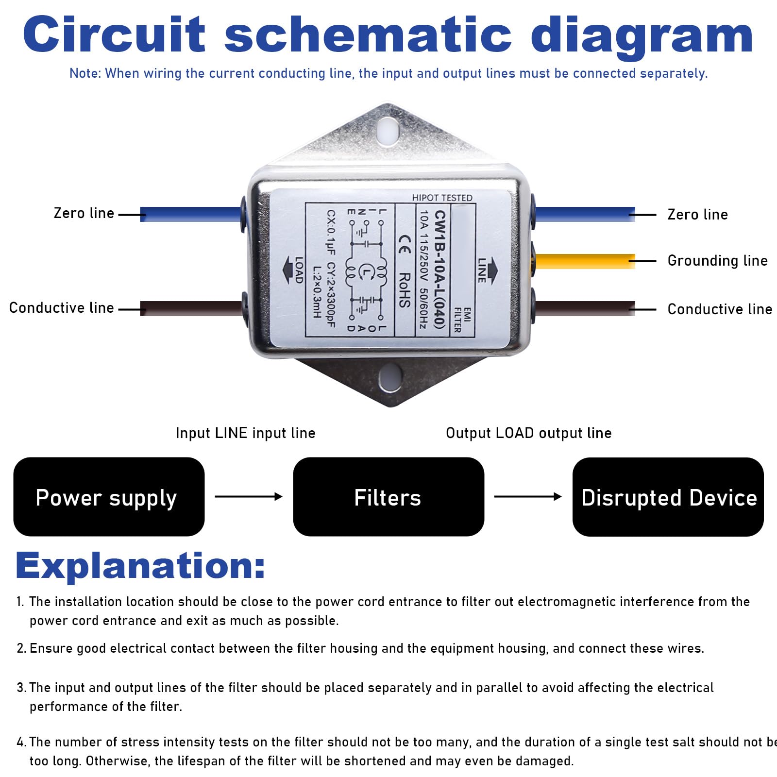 3 filtri EMI CW1B-10A-L - Filtro monofase 250 V 10 A, filtro elettromagnetico per la soppressione di disturbi impulsi continui e intermittenti