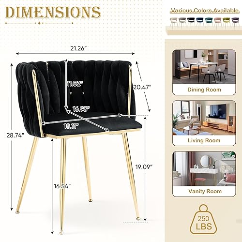 Miniatura 3 de Juego de 2 sillas de comedor tapizadas de terciopelo, sillas modernas para sala de estar con respaldo tejido y patas de metal dorado, silla auxiliar