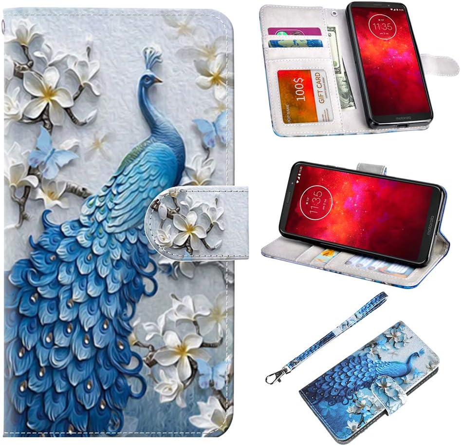 UrSpeedtekLive Moto Z3 Case, Moto Z3 Play Case, Premium PU Leather Wristlet Flip Wallet Case Cover with Card Slots & Stand for Motorola Moto Z3 Play - Peacock