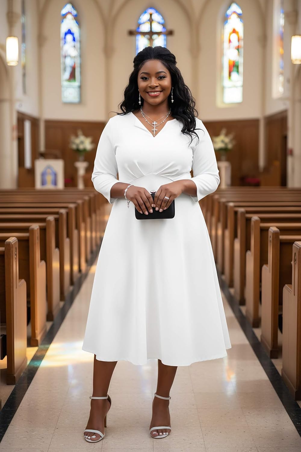 Nmoder Women's Plus Size Stretchy Flared Wrap Dress Casual Wedding Guest Midi Dresses V Neck 3/4 Sleeve A-Line Swing Dress - Image 3