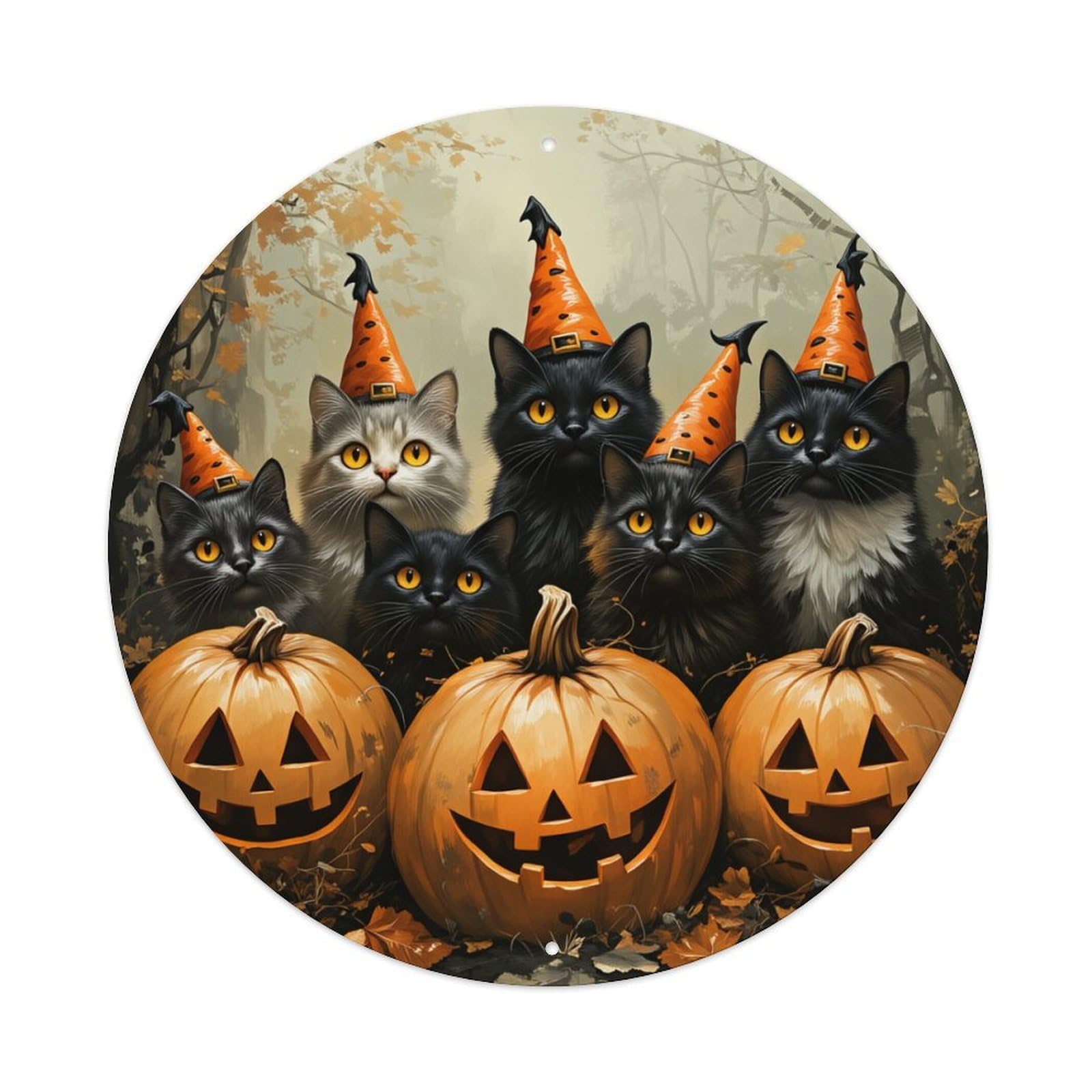 Cats Witches Pumpkins Halloween Forest Round Tin Sign Retro Metal Sign for Cafe Bar Pub Home Game Room Gym Club Wall Decoration Vintage Metal Poster 8x8 Inch