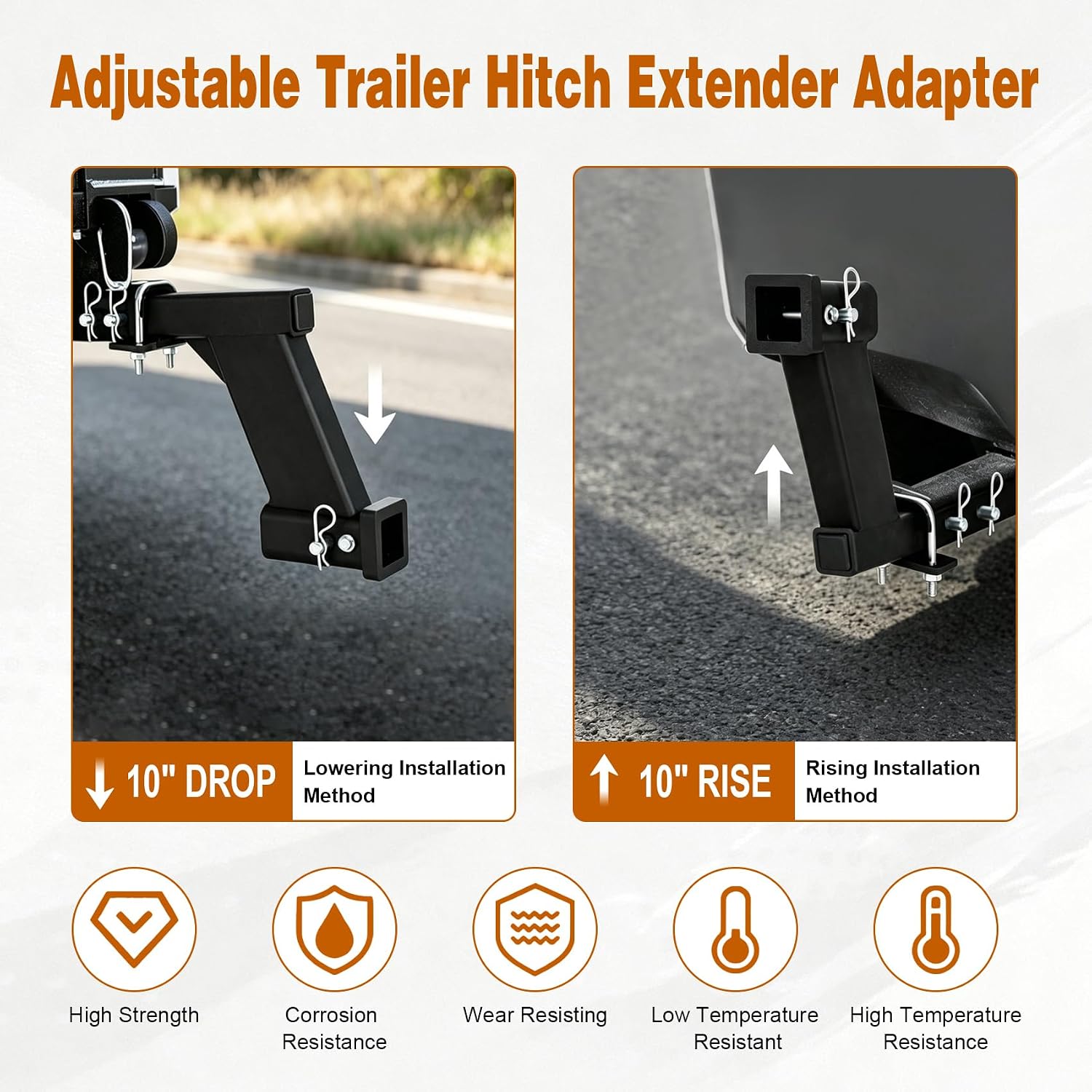 10000lbs 10" Hitch Receiver Extension Riser, 2 Inch Receiver Hitch Extender