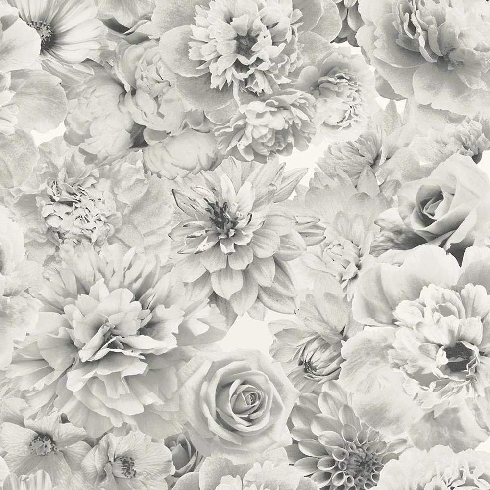 Yöl Grey,Silver,White Glitter Bloom Floral Wallpaper Silver Grey White Flowers Botanical