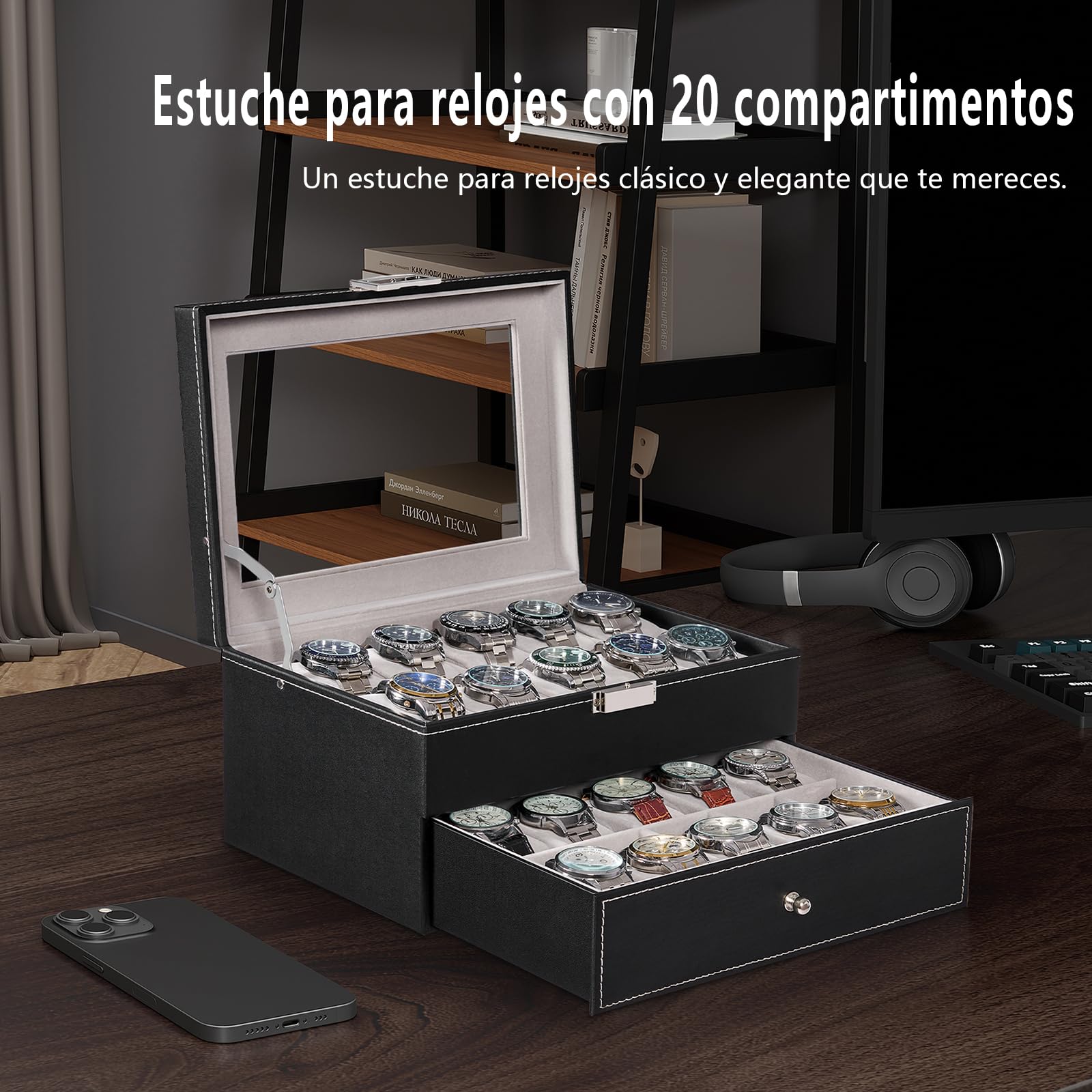 BEWISHOME Caja de Relojes 20 Compartimentos Estuche Tapa Cristal Negro ESSH04B