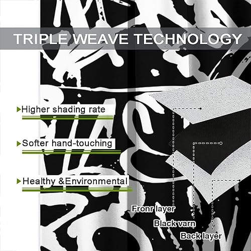 Miniatura 7 de Cortinas de graffiti en blanco y negro, divertidas, abstractas, estéticas, para sala de estar, dormitorio, cocina, decoración con bolsillo para