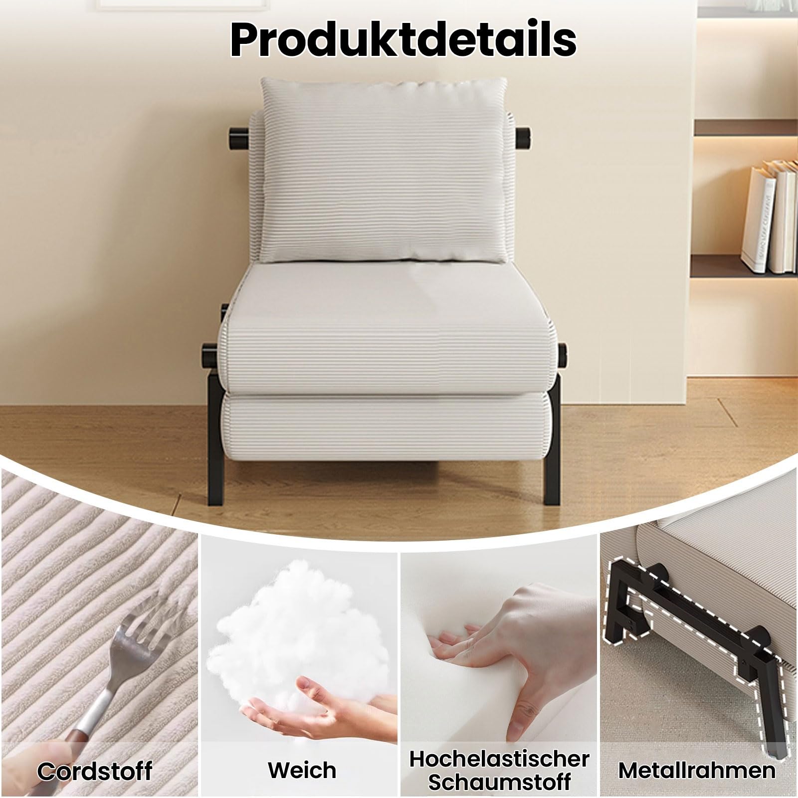Generisch Schlafsofa Klappbar, 1-Sitzer Sofa mit Schlaffunktion, Kordsamt | Wandelbarer Schlafcouch mit Kissen, Metallrahmen, Einzelsessel für Kleine Wohnzimmer Schlafzimmer Gästezimmer