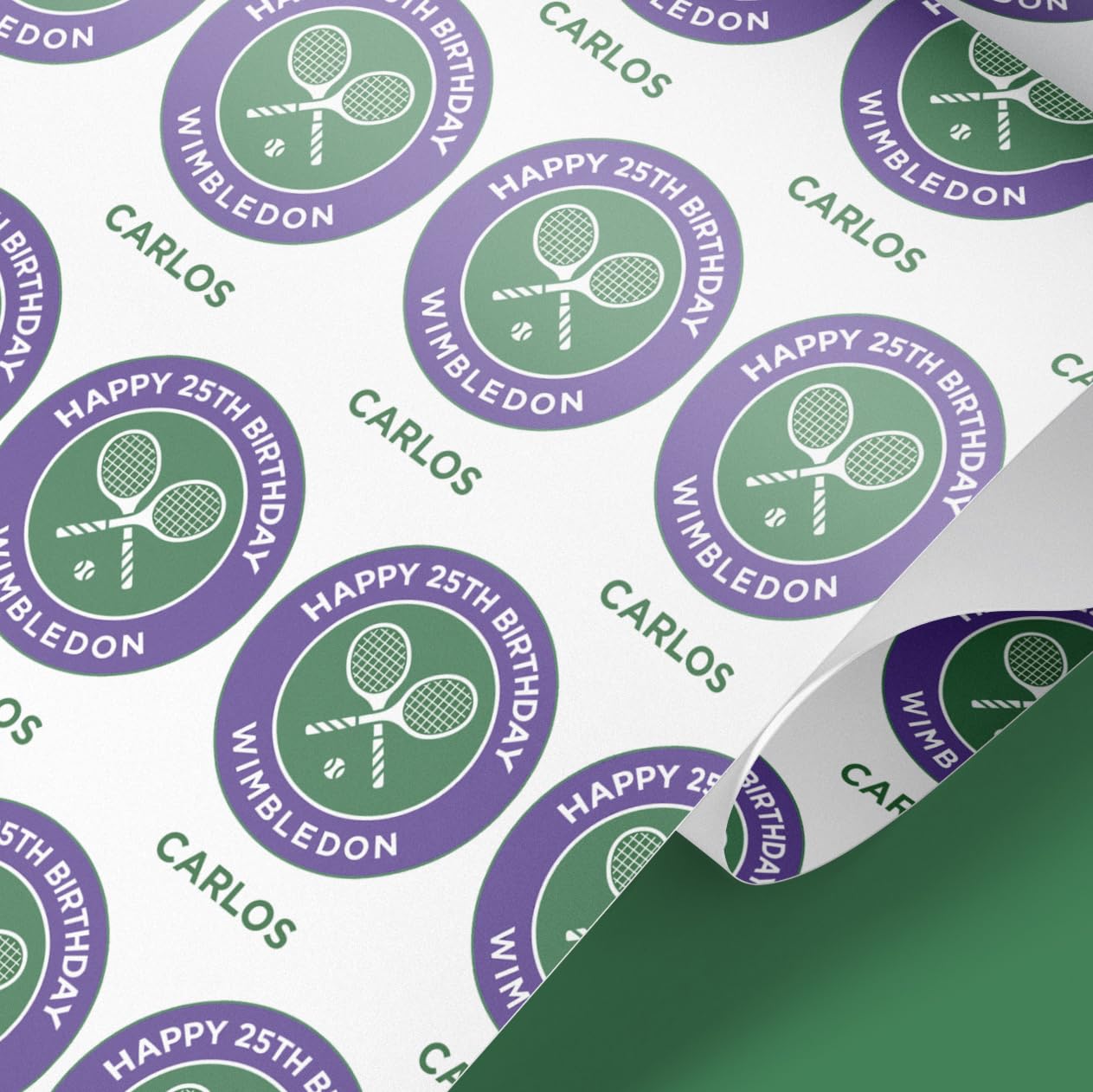 Personalised Wimbledon Themed Wrapping Paper – Custom Name & Age Gift Wrap – Birthday Sports Theme – Green & Purple Racquet Design – 100gsm Matt Paper – Ideal for Tennis Fans
