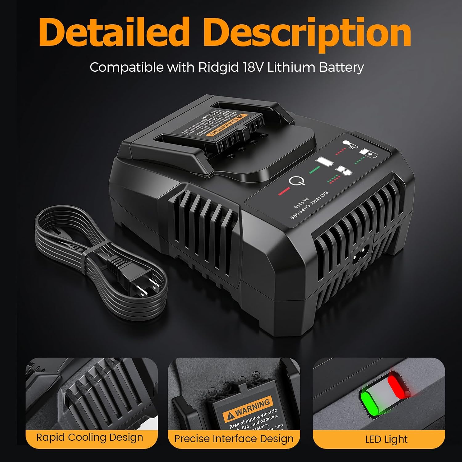 18V Lithium Ion Battery Charger Compatible with Ridgid R86092 R86091 R840087 R840083, R840085 R840086 AC840089 AC840085 AC840086 Battery（Not Work on NiCad） image 2