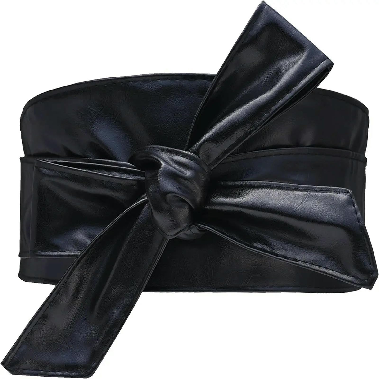 Yydpyzbd Women's Black Belt Woman Wide Pu Leather Obi Self Tie Cinch Wrap Around Bowknot Waistband For Dress