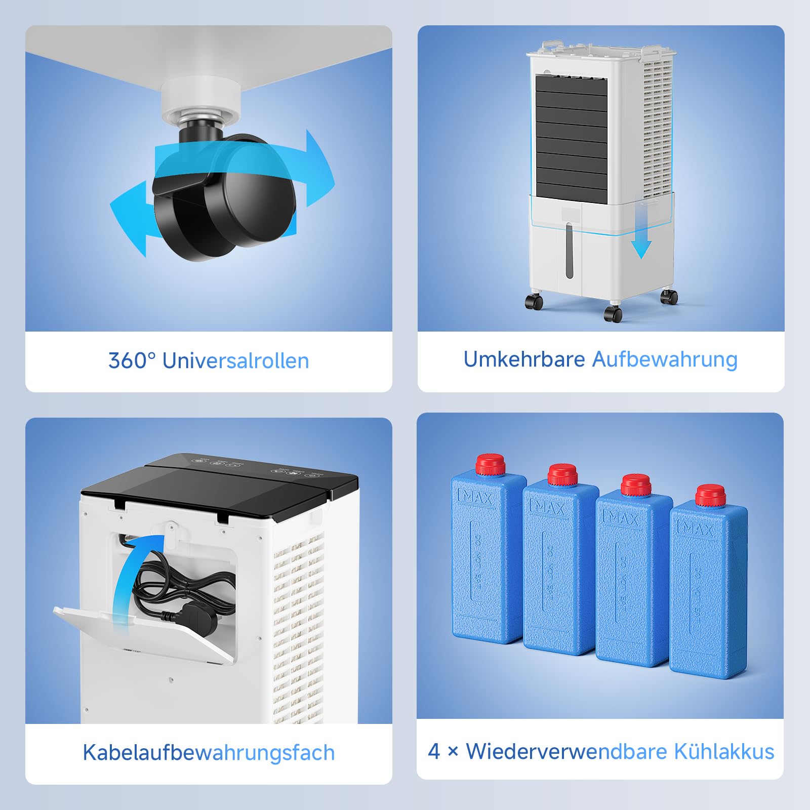 Mobile Klimaanlage ohne Abluftschlauch 10L Luftkühler 60W 4-in-1 Verdunstungskühler 12H Timer 4 Modi 120° Oszillation Abnehmbarer Wassertank Tiefschwarz