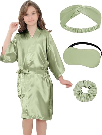 EPLAZA Kids Girls Satin Robe with Hair Band Eye Mask for Birthday Spa Bridal Party Flower Girls Wedding Robes Kimono