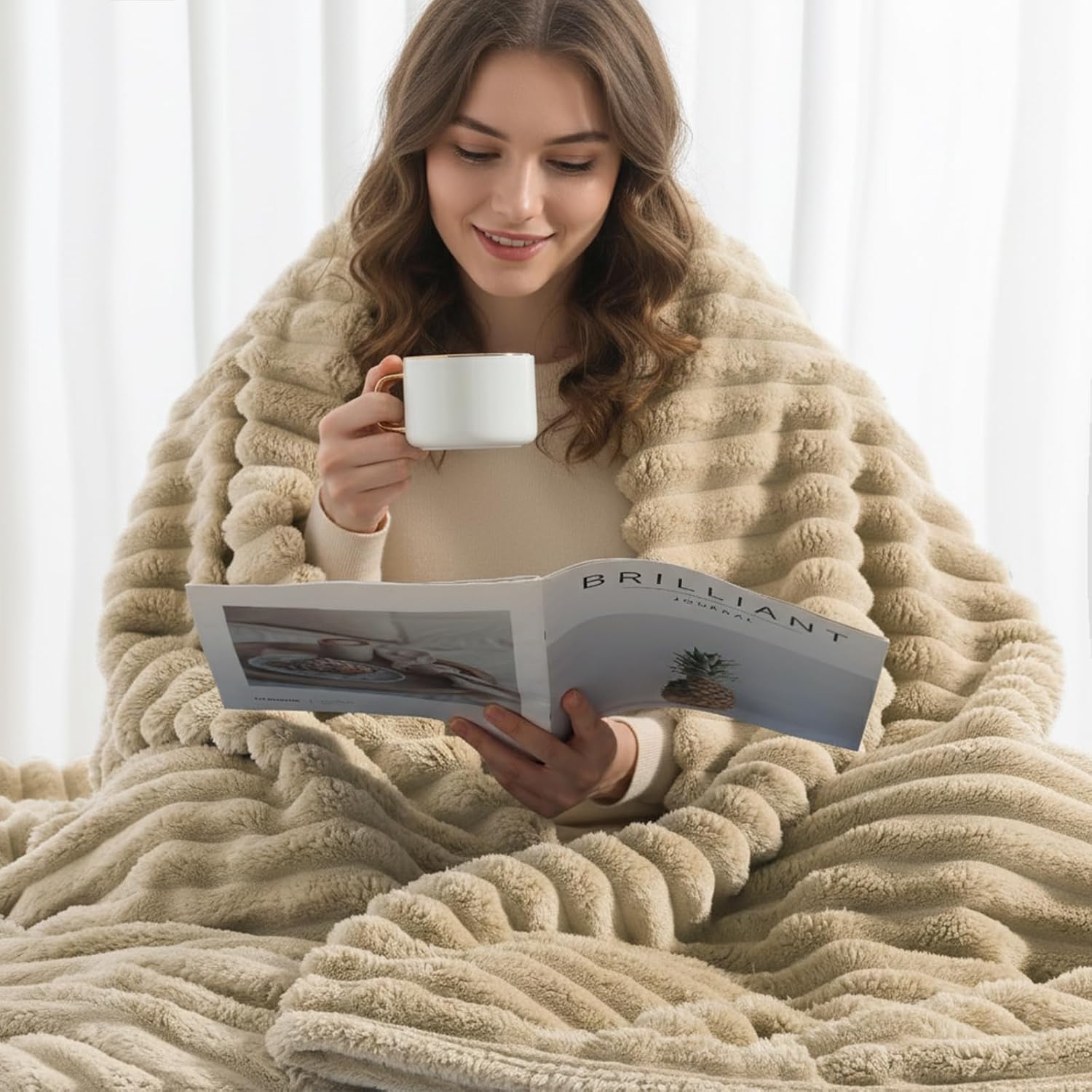 decorUhome Soft Fleece Light Brown Twin Blanket for Bed, Cozy Fluffy Plush Flannel Striped Throws for Couch Sofa, Lightweight Decorative Ribbed Fuzzy Blanket for Woman, 60x80 Inches - Image 4