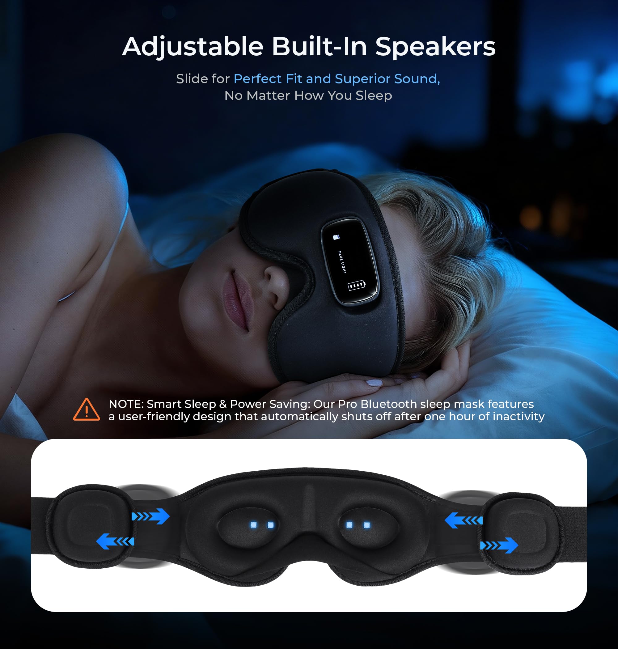 LC-dolida Pro Bluetooth Sleep Mask with White Noise & 3 Lights, Sleep Headphones with Upgrade Chip & Hi-Fi Sound, 3D Zero-Pressure Design for Side Sleepers, Total out Soft Sleep Eye Mask, Black: Black