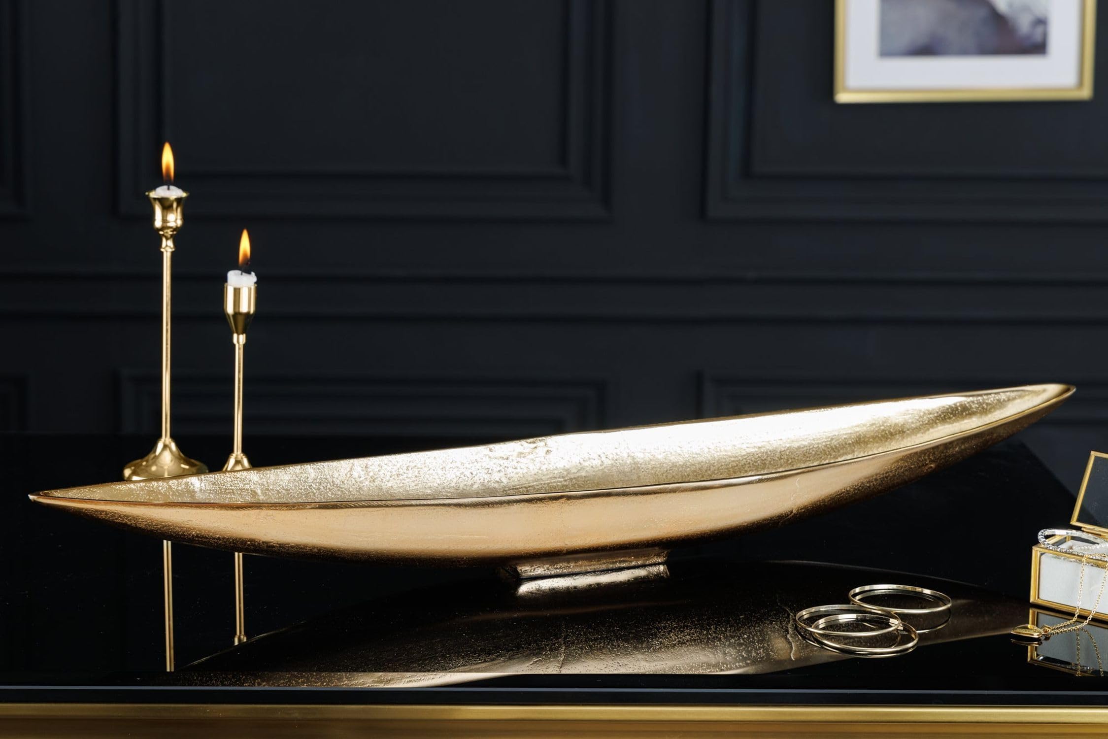 Licht-Erlebnisse Dekoschale länglich groß 82 cm lang aus Metall in Gold Handarbeit Elegantes Design Deko Schale für Schmuck Schlüsse Obstschale Esstisch