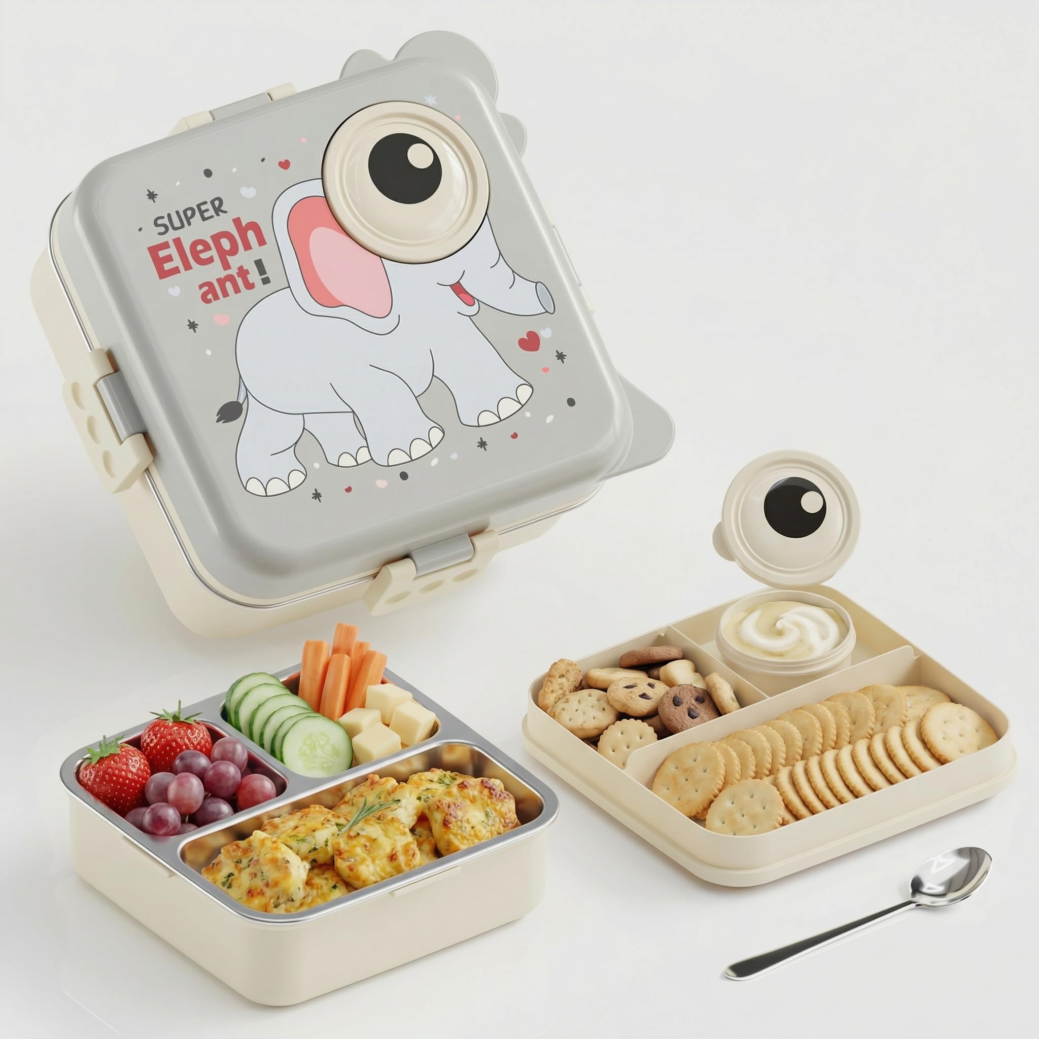 MEDALLIX Kids Tiffin Box for School, 3 Compartments Insulated Stainless Steel Lunch Box, Leak Proof Bento Box with Spoon, BPA Free Food Grade Meal Box, 1120ml + 70ml (Grey, Super Elephant)