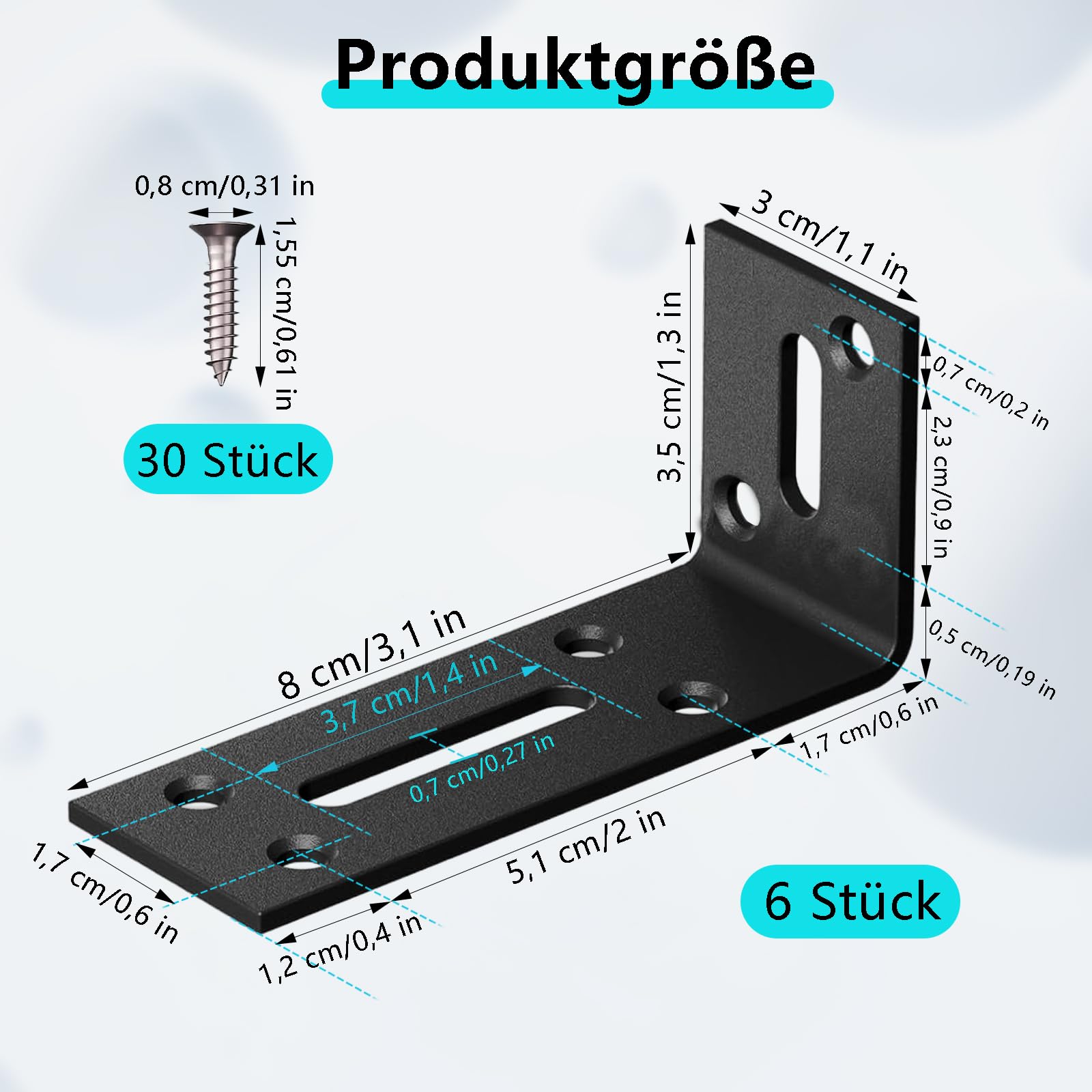 Łączniki kątowe, 6 sztuk, kątowe podłużne otwory, 80 x 40 x 30 mm, łączniki kątowe ze stali nierdzewnej, czarne, kątownik metalowy, kątownik mocujący, do stołu, krzesła, regału na książki