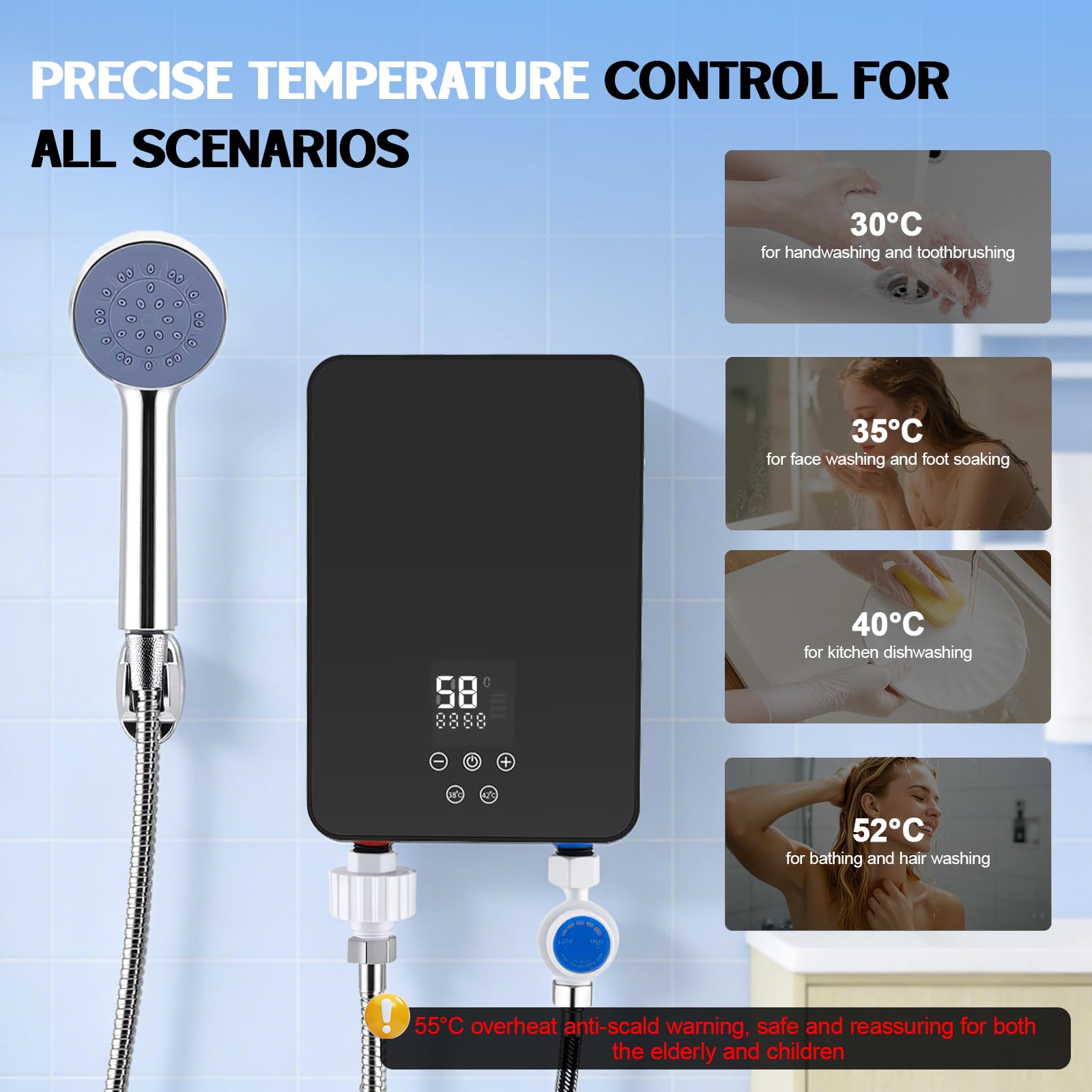 Elektrischer Durchlauferhitzer, 5500W 220V Elektrischer Warmwasserbereiter, Mini Durchlauferhitzer Dusche Kit mit Handbrause LED Temperaturanzeige für Dusche, Badezimmer, Küche