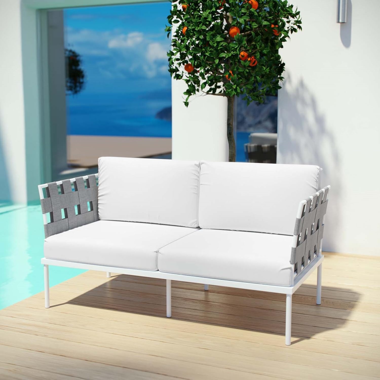 Modern Contemporary Urban Design Outdoor Patio Balcony Loveseat Sofa, White, Rattan