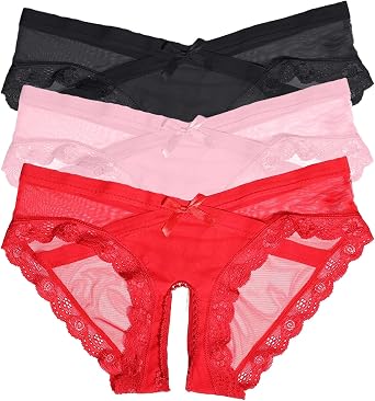 3 Pack Womens Sexy Panties, Lace Floral Underwear, High-Waisted Smoothing Panty Briefs Open File Underpant