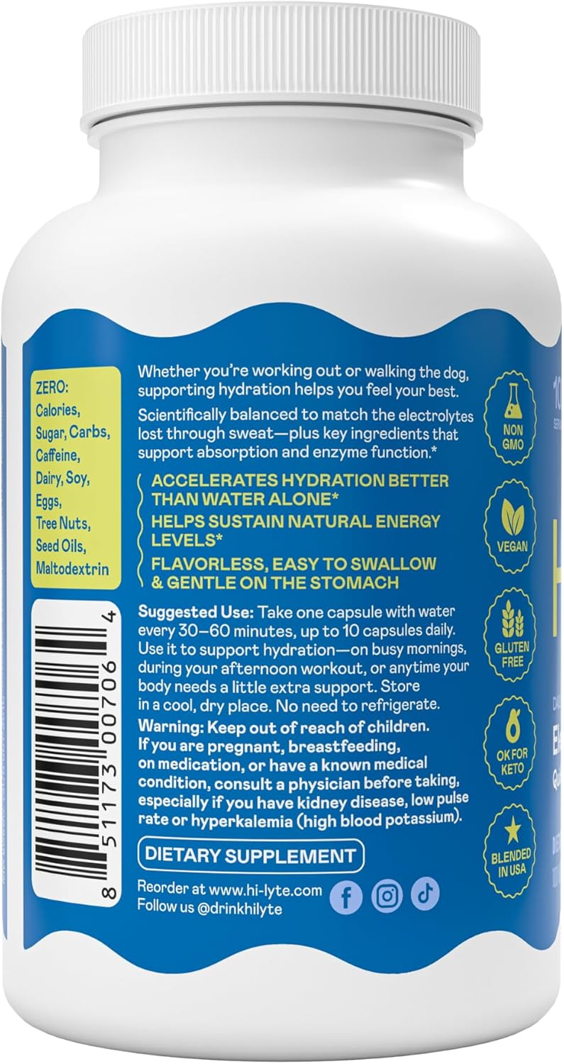 Hi-Lyte Unflavored Electrolyte Capsules - Hydration Support Supplement Tablets - Sodium, Potassium, Magnesium - 100 Servings - Image 7