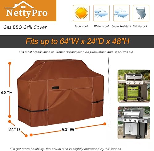 Miniatura 5 de NettyPro Funda para parrilla de 64 pulgadas para exterior, funda impermeable resistente para barbacoa a gas para Weber, Char-Broil, Brinkmann, Jenn