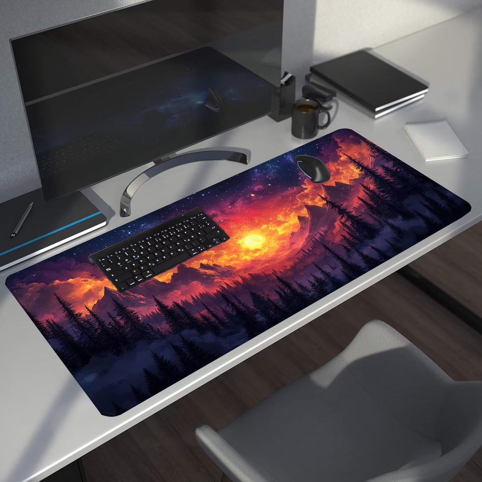 Leśna podkładka pod mysz XXL Starry Sky 1600 x 800 x 4 mm Podkładka pod mysz do gier, duża wodoodporna antypoślizgowa podkładka na biurko, podkładka pod mysz szyte krawędzie dla graczy, komputer