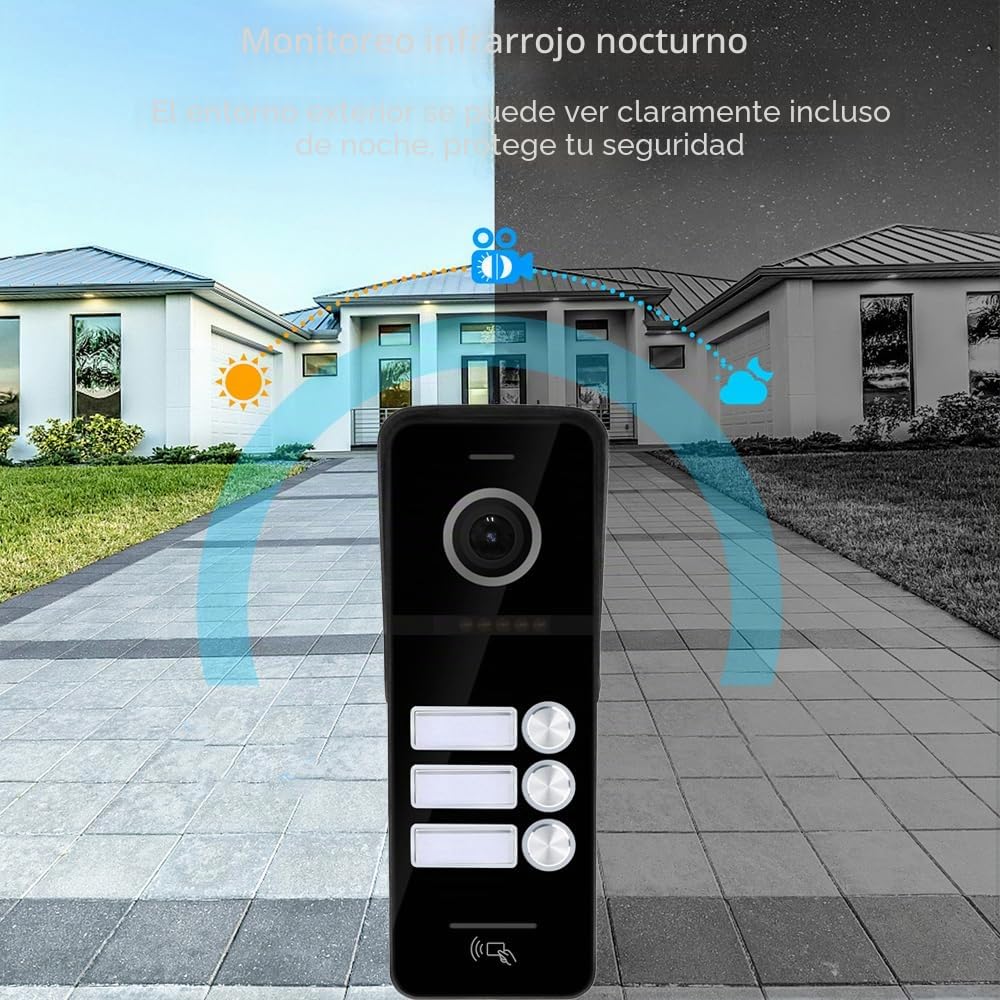 Videoportero con cable para apartamentos 3 unidades Videoportero con monitor táctil de 10 pulgadas, Kit de videoportero inalámbrico,Desbloqueo con tarjeta IC para (1 timbre negro+3 monitor negro)