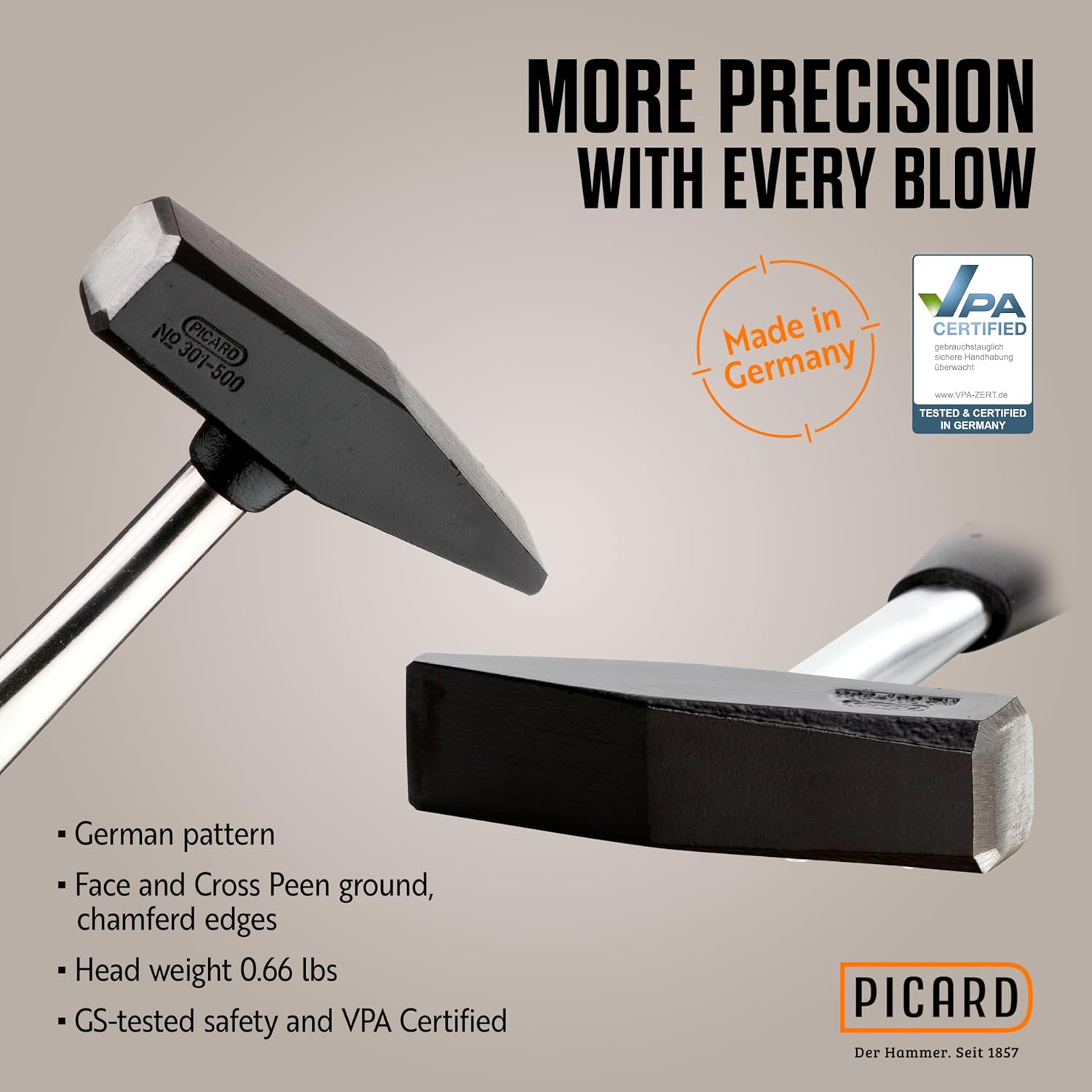 Picard Fitters Hammer 300g – German Pattern, Black Powder Coated Alloy Steel Head, C45 Tubular Steel Handle, 1–Component Grip, DIN 1041, VPA/GS Certified – 0030100-300