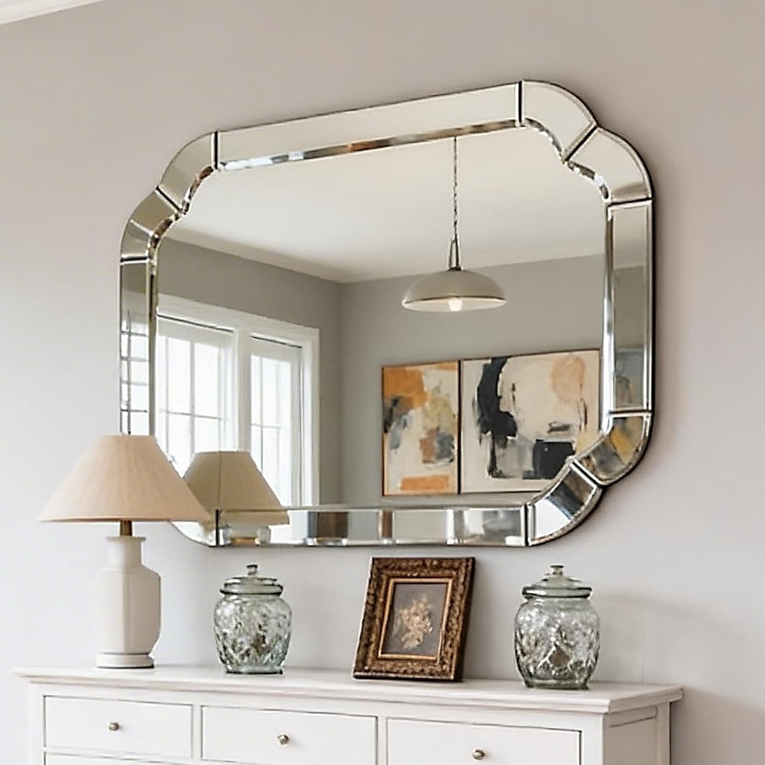 47.2" x 31.5" Large Entry Mirror, Arched Mirrors for Wall Decor with Decorative Scalloped Beveled, Rounded Corner Wavy, Suitable for Bathroom, Dining Room, Living Room, Bedroom, Entryway