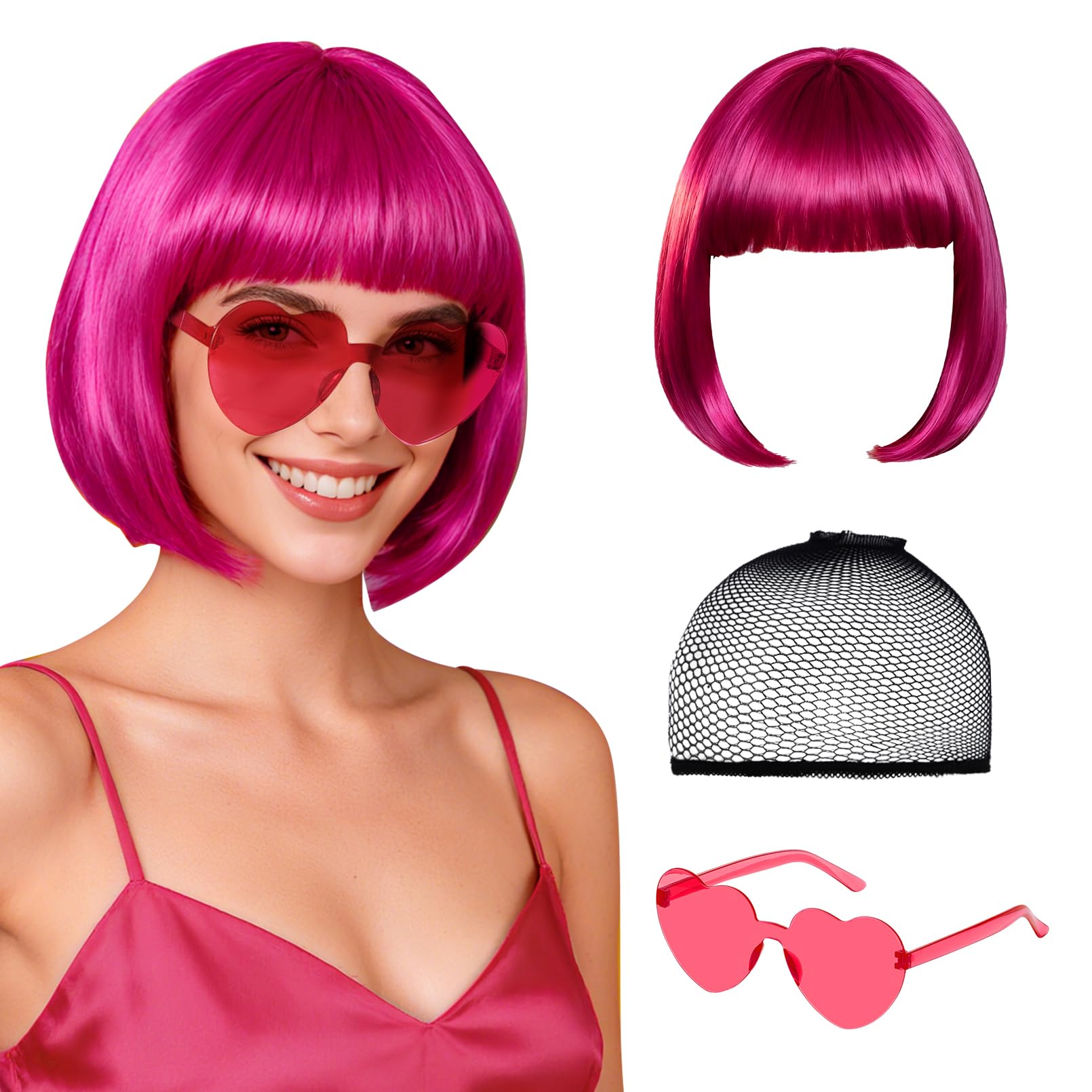 Bob Wig and Sunglass Set Party Wigs Hair Wigs for Women Wig Caps for Halloween Costume Cosplay Party (Hot Pink)