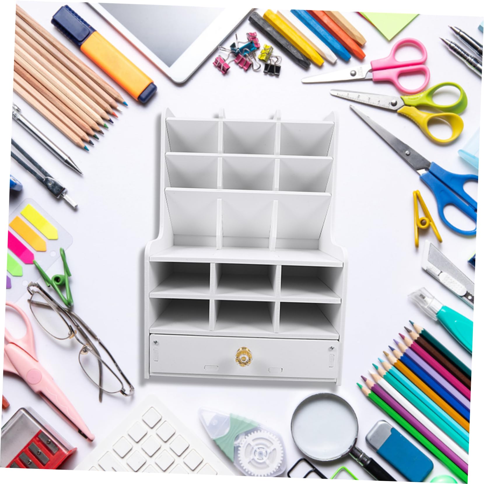 Portapenne da Scrivania a Cassetti, Grande Capienza, Bianco | Pvc e Pannello in Legno Plastico, Scomparti Multipli, Struttura Semplice, per Desktop e Studio