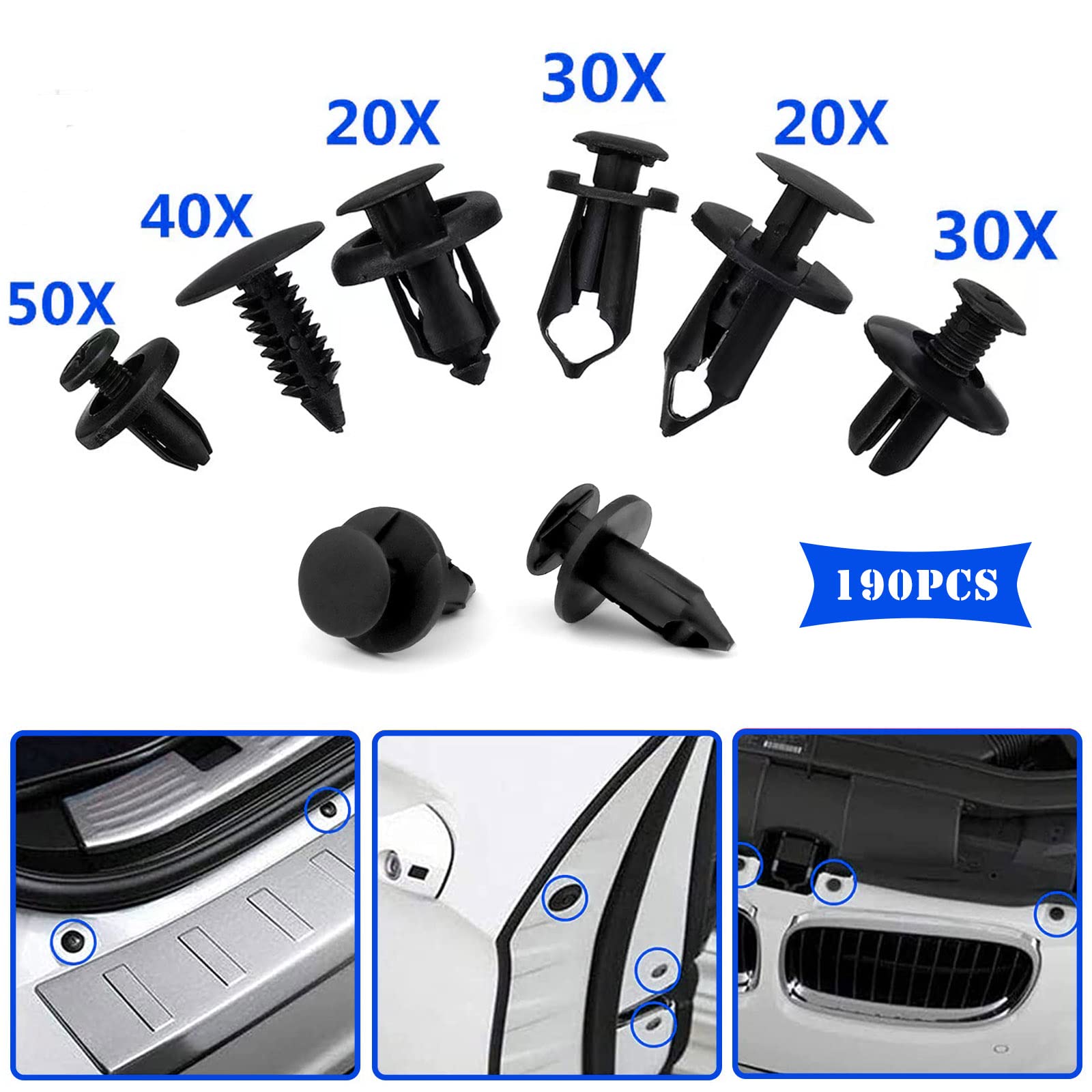 Shkalacar 190 Clip Fissaggio Auto In Plastica - 6 Misure Universali Per Pannelli Portiera E Paraurti - 6