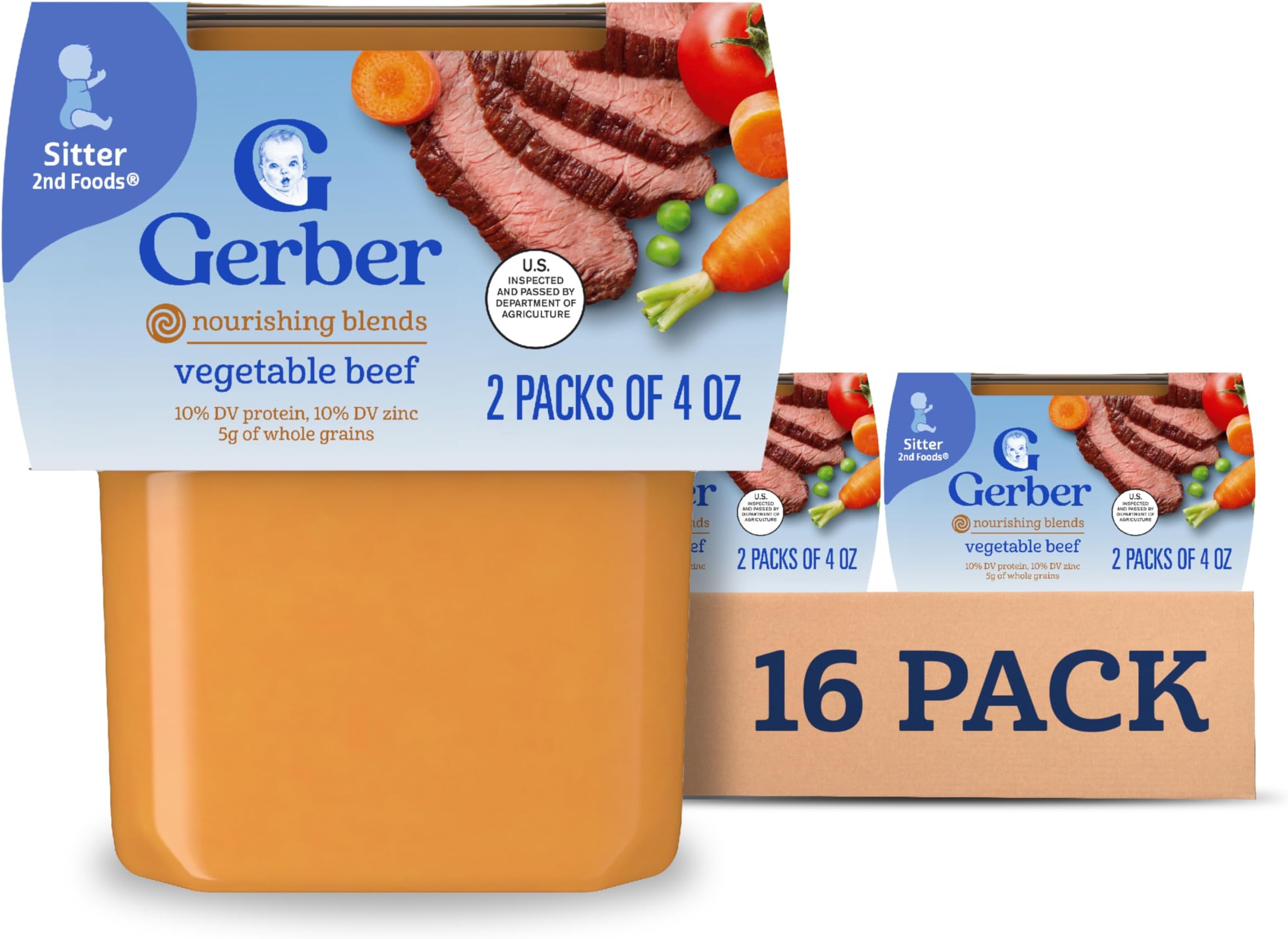 Gerber Stage 2 Baby Food, Beef Vegetable Puree Tub, Nourishing Blends, No Added Colors or Flavors, Baby Puree, 16-Pack