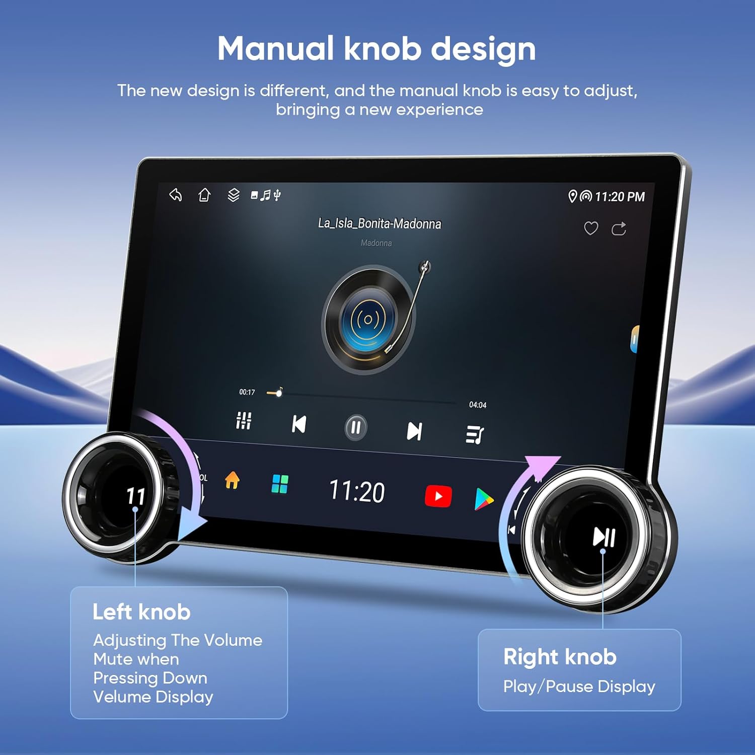 Close-up of the AINAVI car stereo showing the manual knob design with left knob for volume/mute and right knob for play/pause.