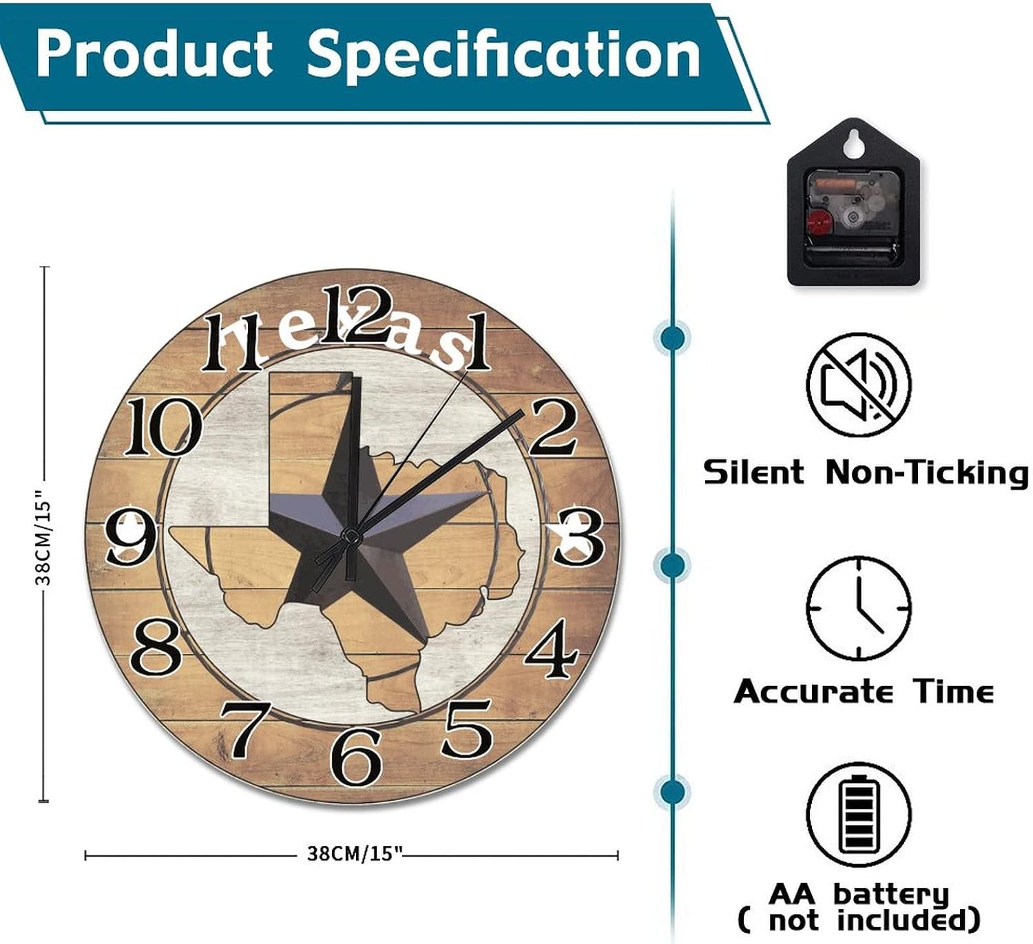 Rustic Western Texas Star Wall Clock Texas Map Clock Vintage Weathered Boards Wooden Wall Clocks Battery Operated 15 Inch Silent Wall Art Analog Clock for Bedroom Living Room Kitchen School