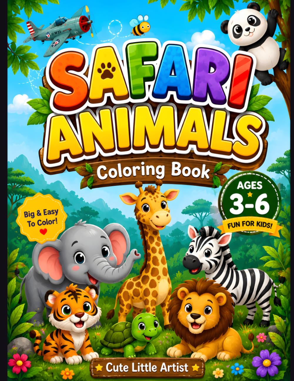 Safari Animals Coloring Book for Kids Ages 3-6