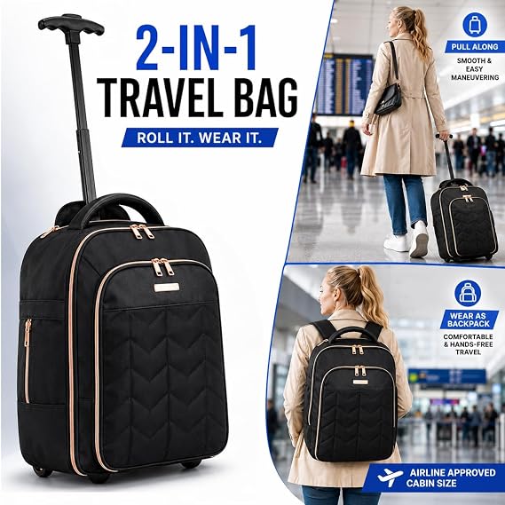 2-in-1 Wheeled Backpack 50x38x25cm - 47L, Cabin Bag for British Airways, Jet2 & More – Travel Rucksack with Hideaway Straps, Trolley Handle & Lightweight Holdall Design