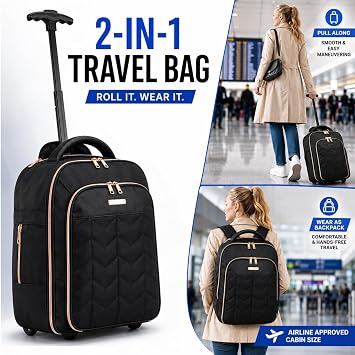 2-in-1 Wheeled Backpack 50x38x25cm - 47L, Cabin Bag for British Airways, Jet2 & More – Travel Rucksack with Hideaway Straps, Trolley Handle & Lightweight Holdall Design