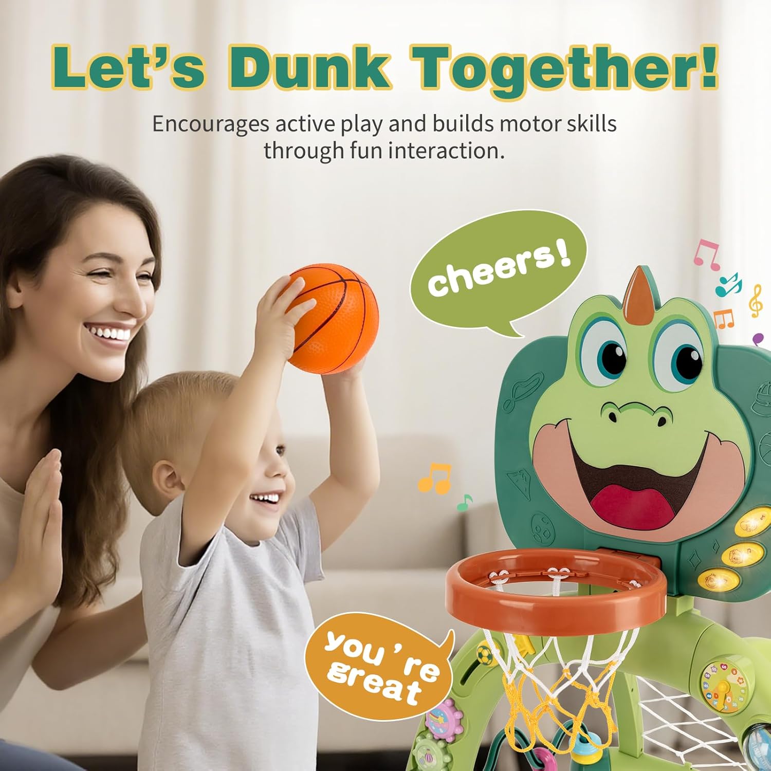 Basketball Hoop & Soccer Goal for Toddlers: Activity Center for 1 2 3 Year Old Boys Girls - Dinosaur Sports Toy with Lights & Music - Educational Interactive Toy Gift for Baby Kids Christmas Birthday