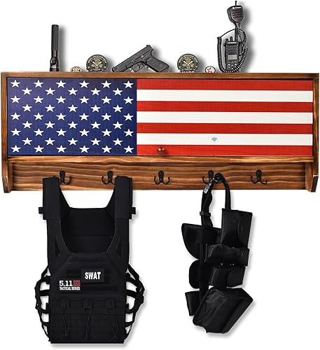 Miniatura 6 de NIAVIS Estante de almacenamiento de madera de pino natural para armas de bandera estadounidense  Estante para armas con puerta trampa