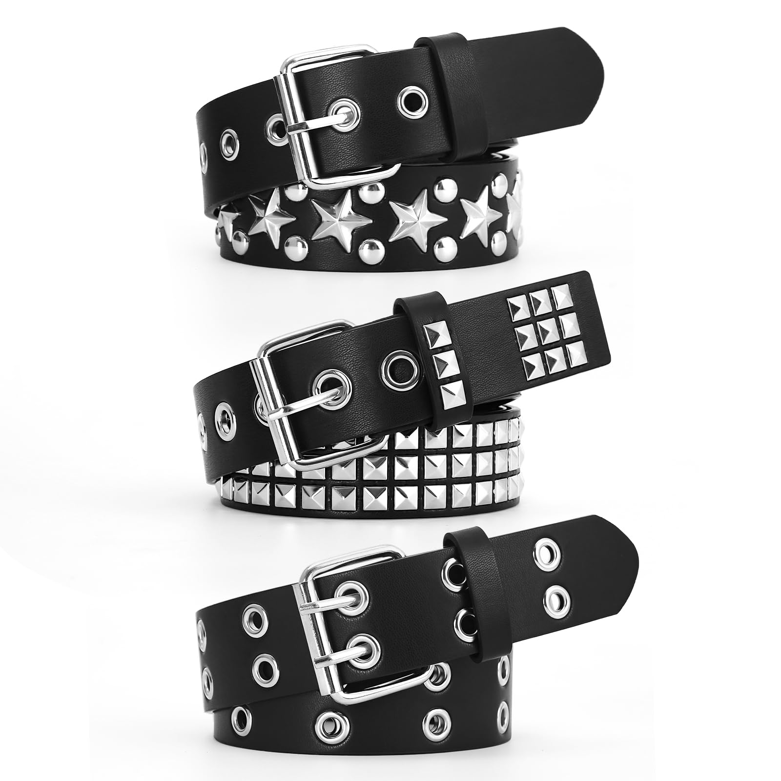 SNCEAW 3 Pcs Studded Belt Y2K Metal Goth Punk Rock Rivet Belt with Bright Pyramid Studded for Women Men