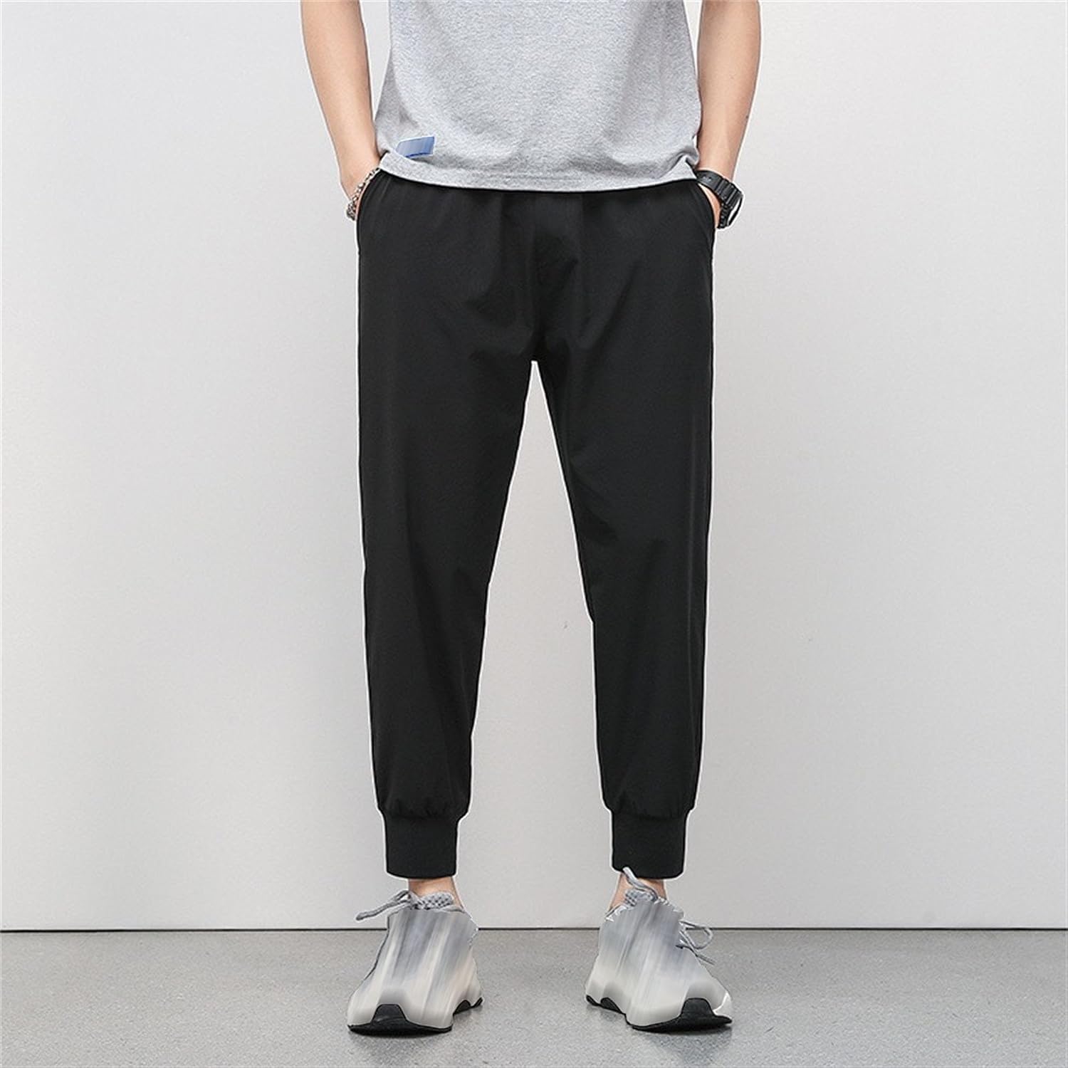 DGHM-JLMY Men's Summer Slim Jogging Casual Capri Pants Lightweight Elastic Waist Pants with Pockets Solid Pull-On Sweatpants