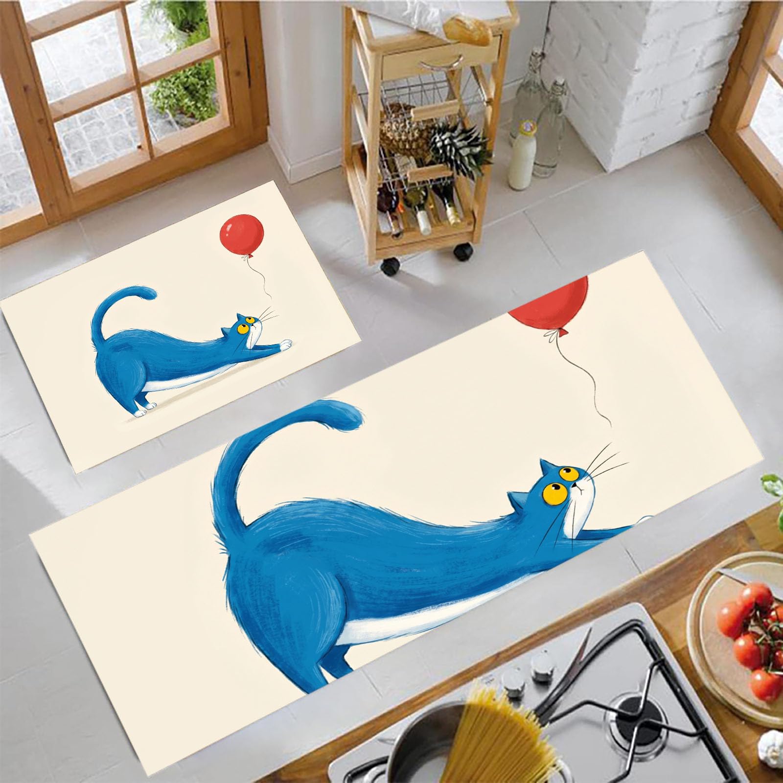 Tapis de cuisine chat ballon rouge contre la poussière et l'eau