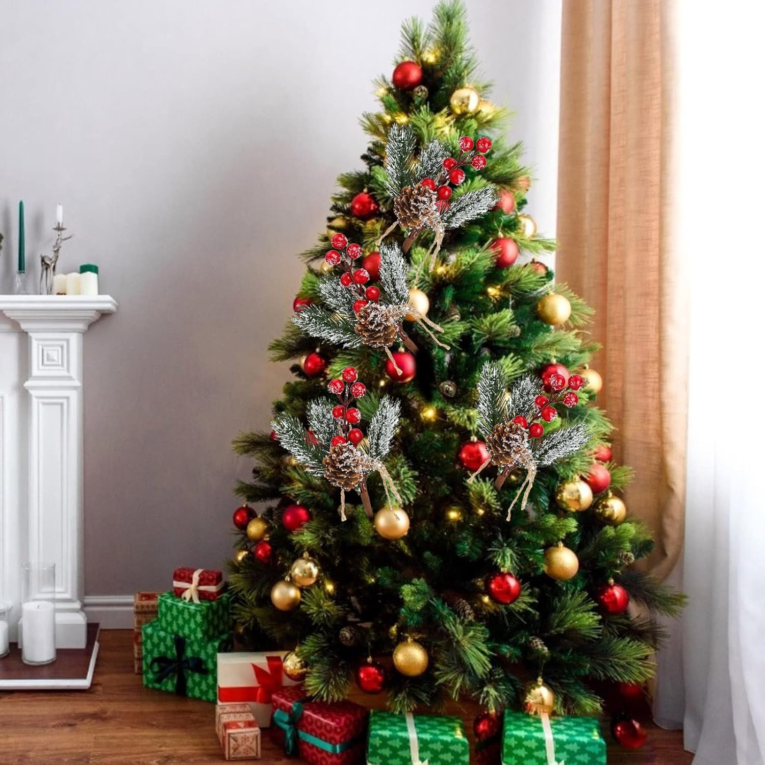 Christmas Pine Picks, 6inch Christmas Red Berry Picks Stems, Artificial Pine Cones Holly Stem Craft, Winter Holiday Flocked Holly Floral Picks for Crafts DIY Xmas Tree Ornaments