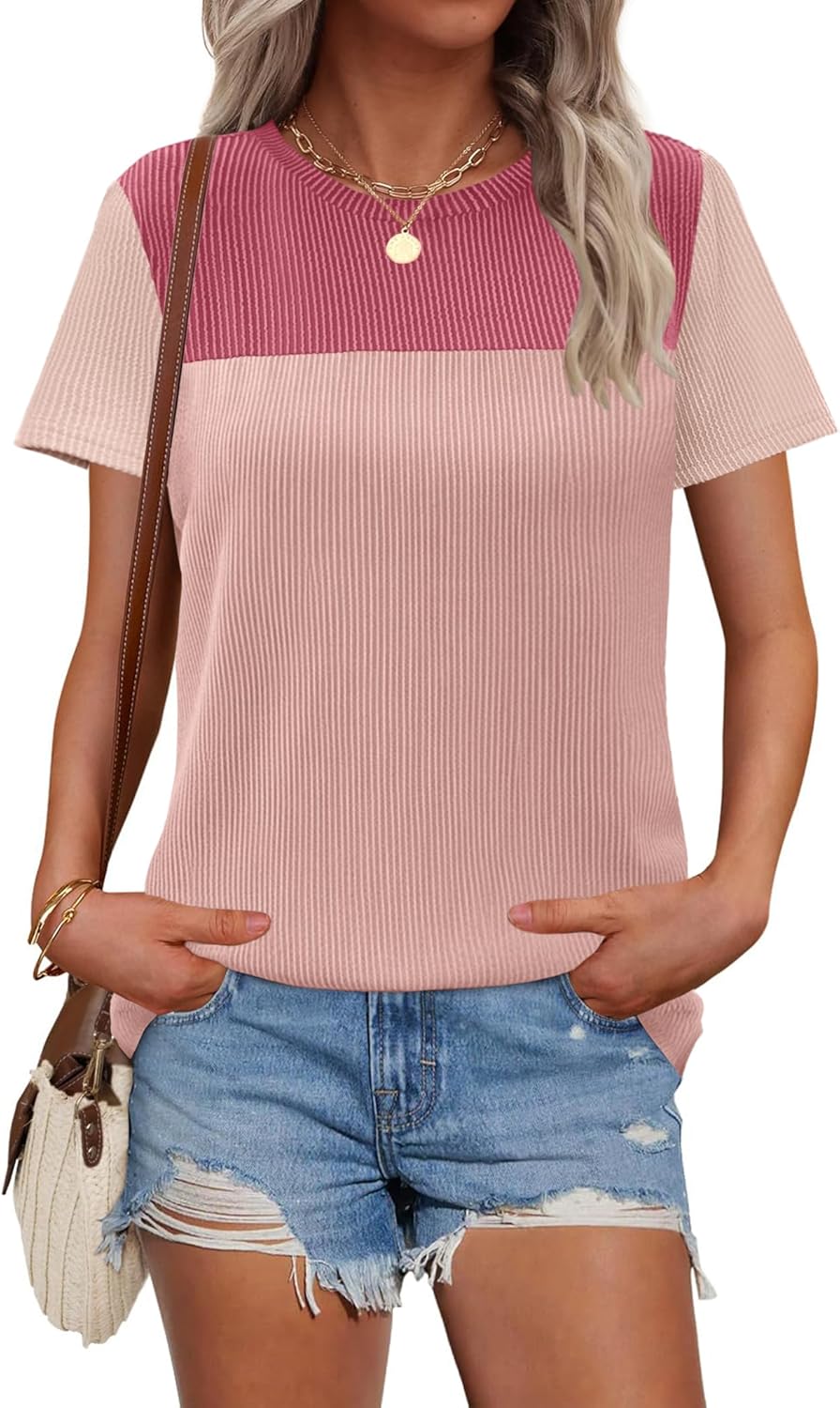 Zeagoo Womens Casual Summer Tops Short Sleeve T Shirts Crewneck Basic Tees Blouses Color Block Tunic Tops - Image 5